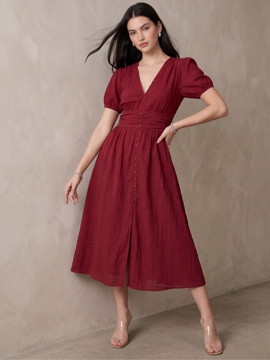 Wine Puff Sleeve Waist Fitted Dress