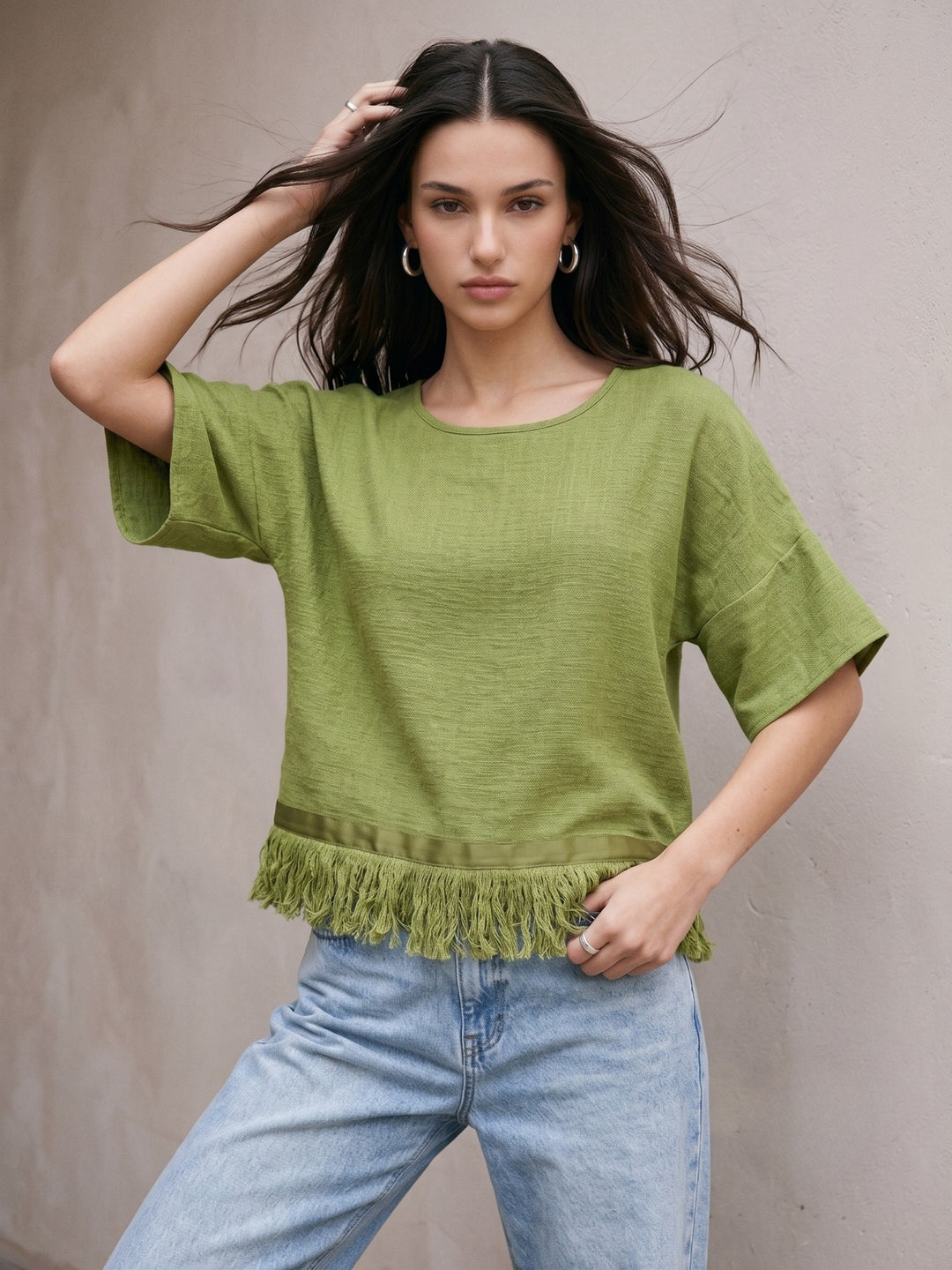 Olive Relaxed Flowy Top With Fringed Hem