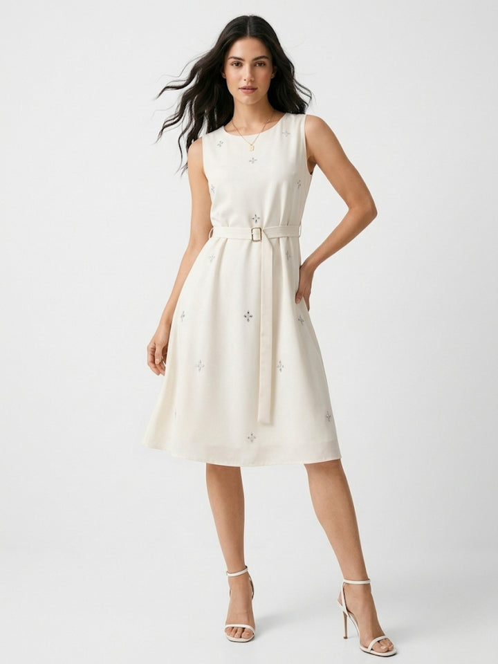 White Waist Belted Printed Dress