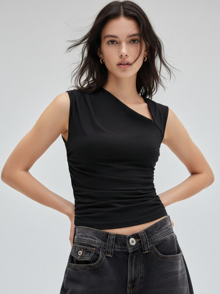 Black Asymmetric Neck With Side And Sleeve Ruching