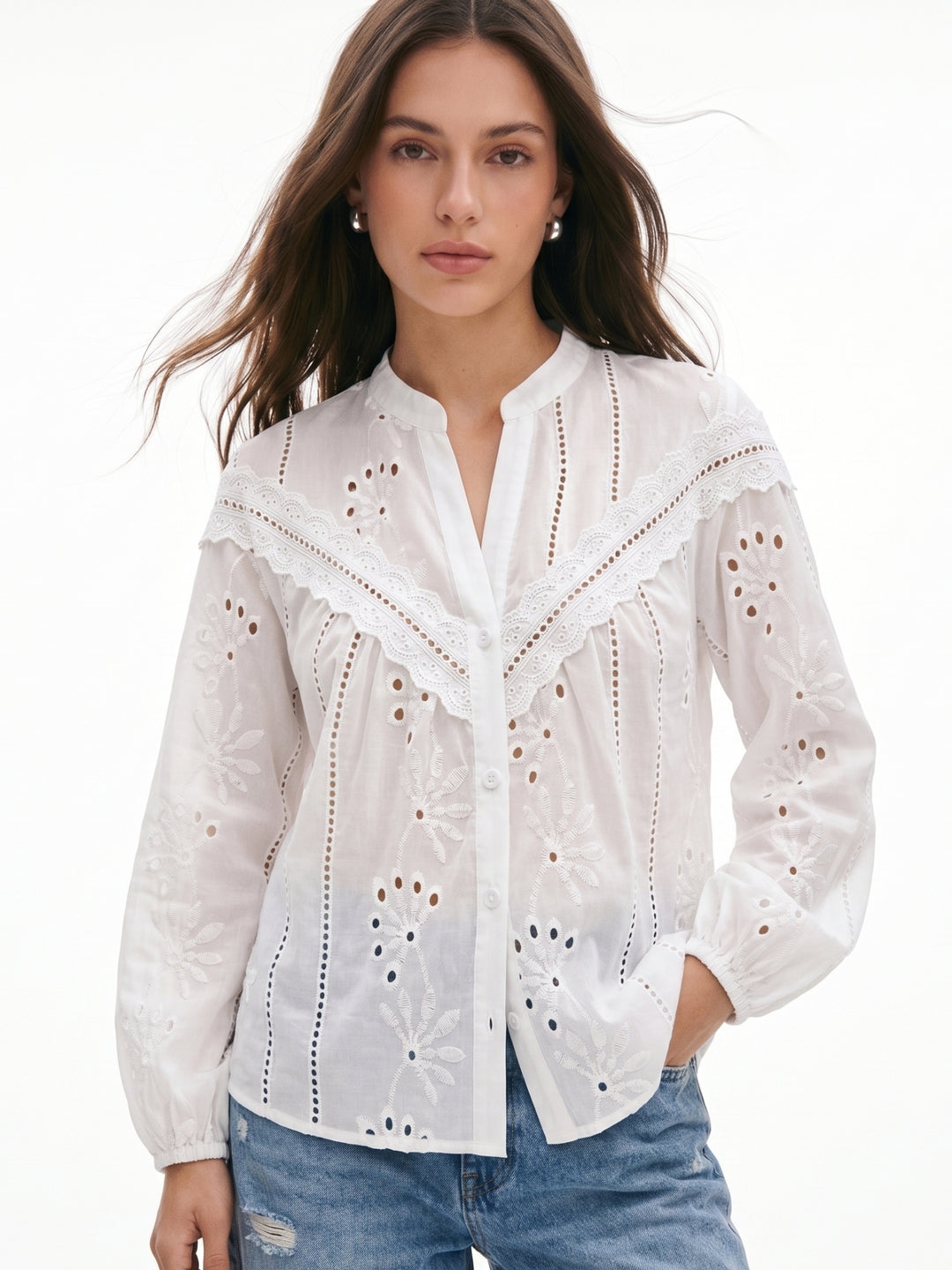 White Full Sleeves Schiffli Blouse