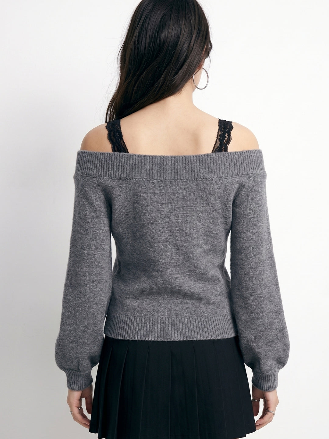 Charcoal Cold Shoulder Sweater With Lace Straps