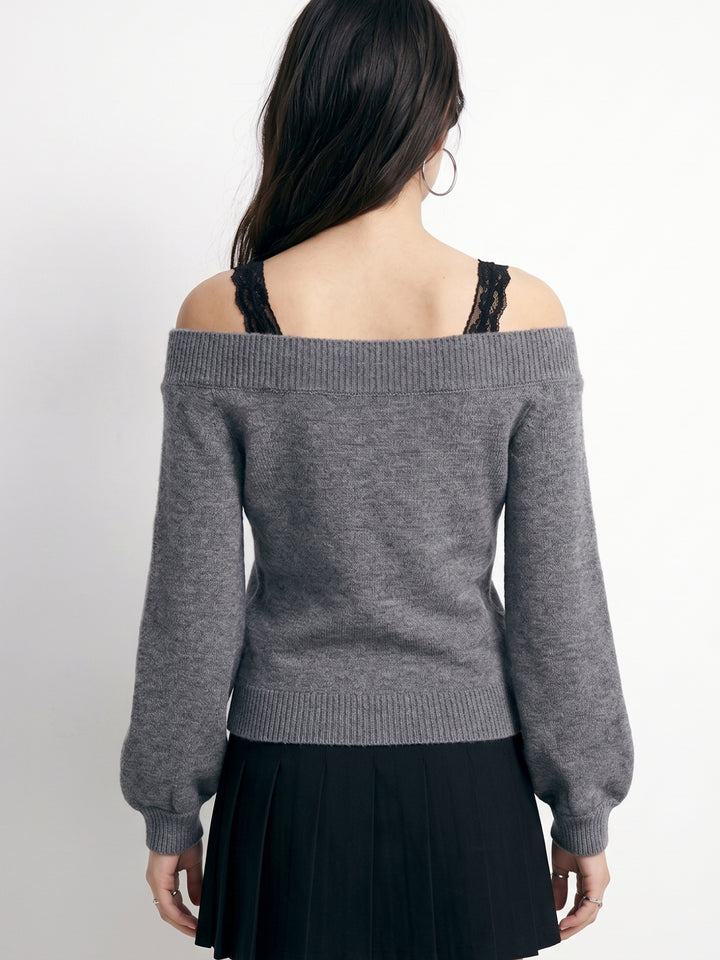 Charcoal Cold Shoulder Sweater With Lace Straps