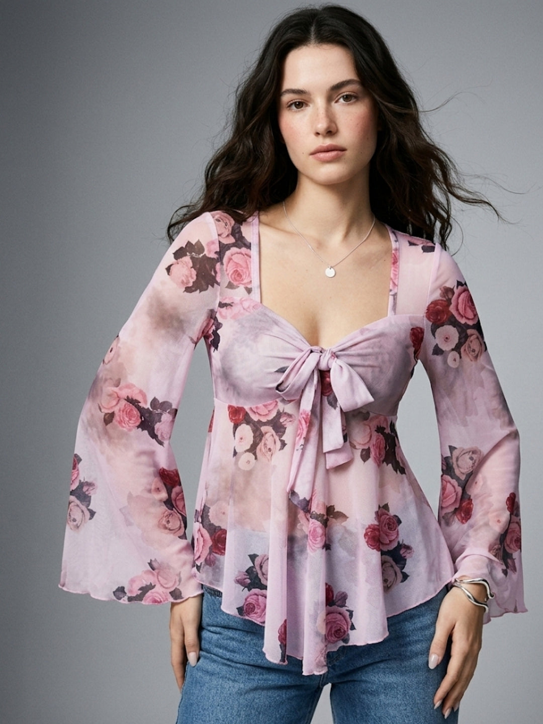 Pink Bell Sleeves Front Tie-up Top