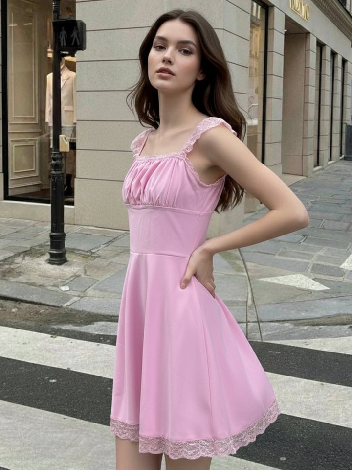 Pink Ruffle Sleeve Lace Hem Dress