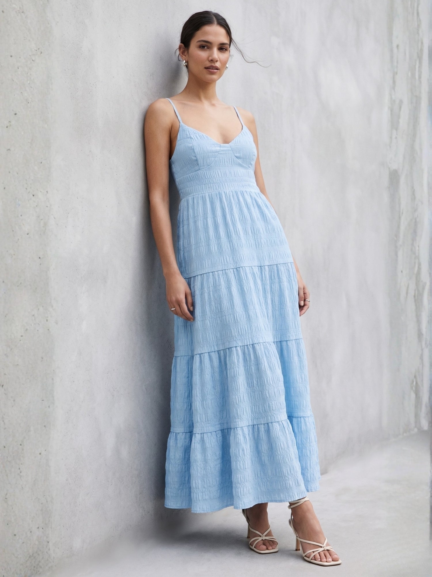 Blue Shoulder Strap Back Bow Tiered Dress