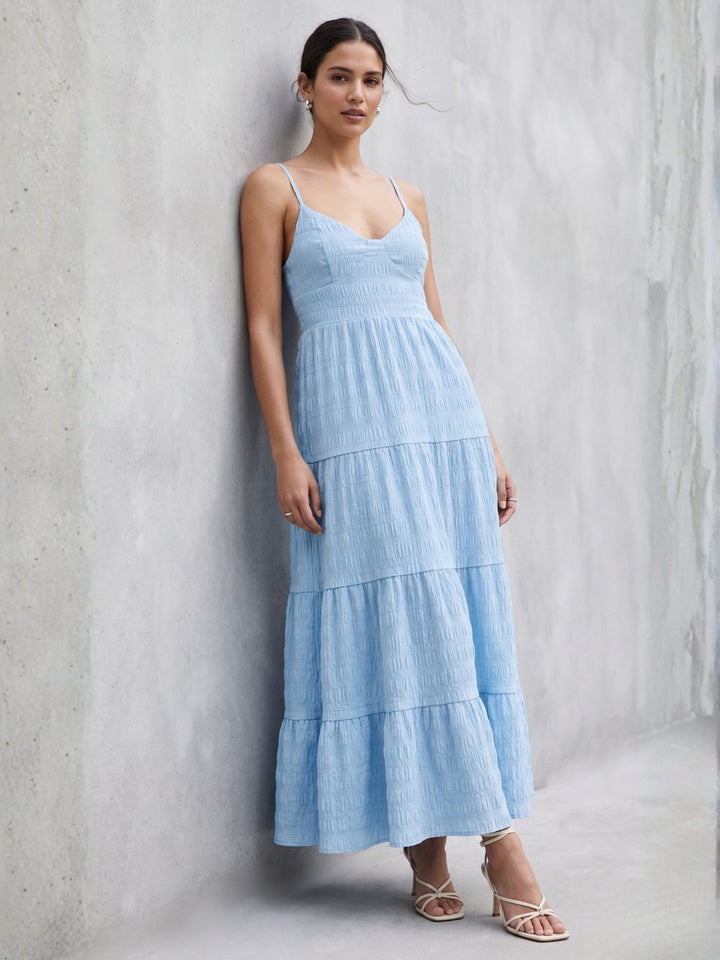 Blue Shoulder Strap Back Bow Tiered Dress