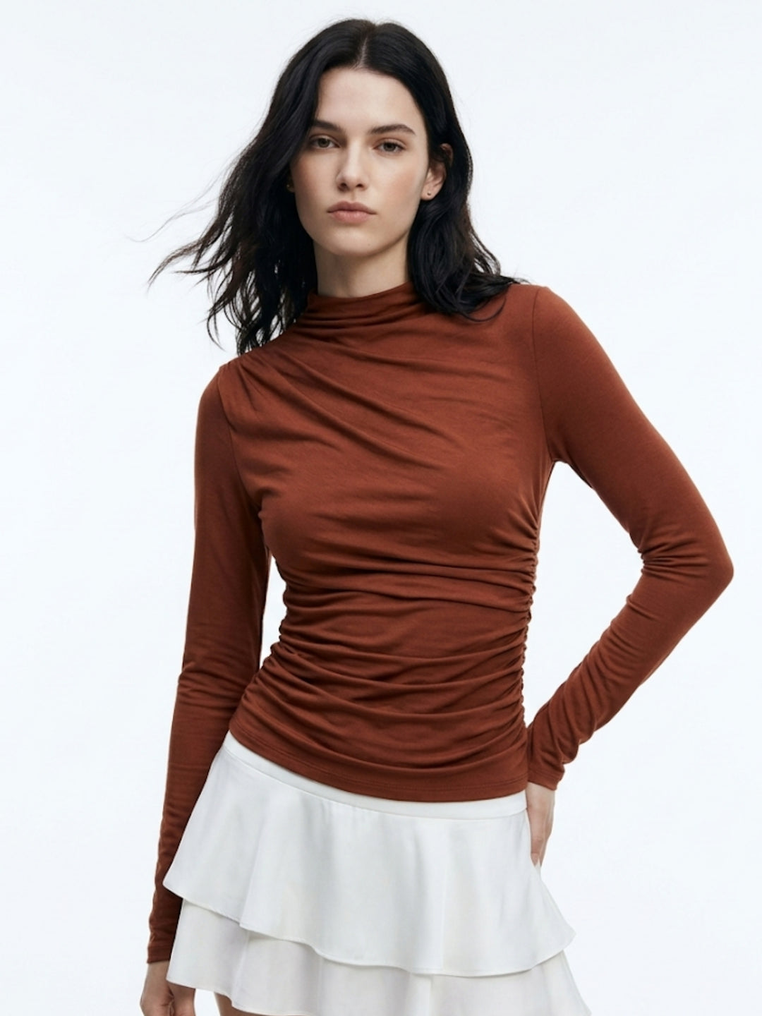 Brown Full Sleeve Mock Neck Top