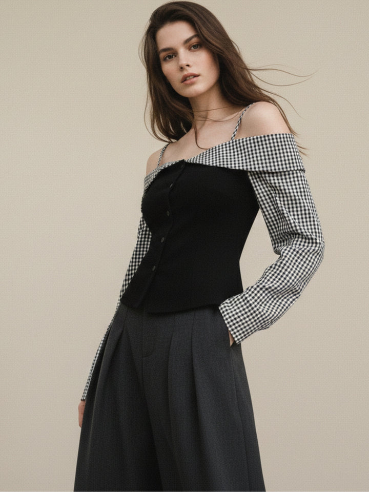 Black Cold Shoulder Checkered Top