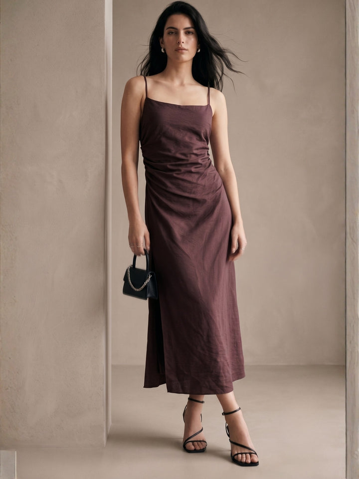 Brown Spaghetti Strap Side Ruched Dress