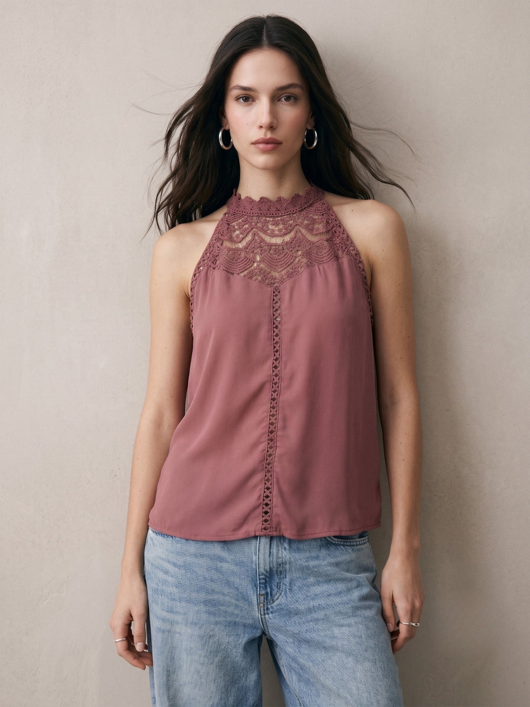 Mauve Halter Neck Tank With Lace Inserts