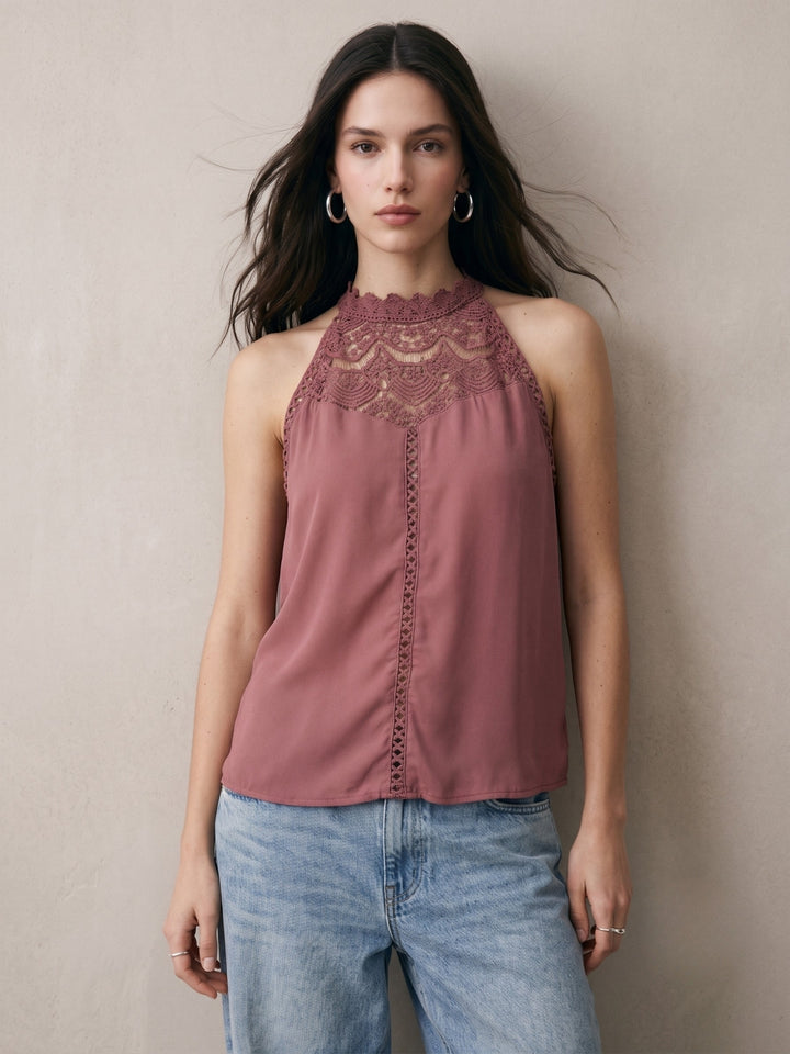 Mauve Halter Neck Tank With Lace Inserts