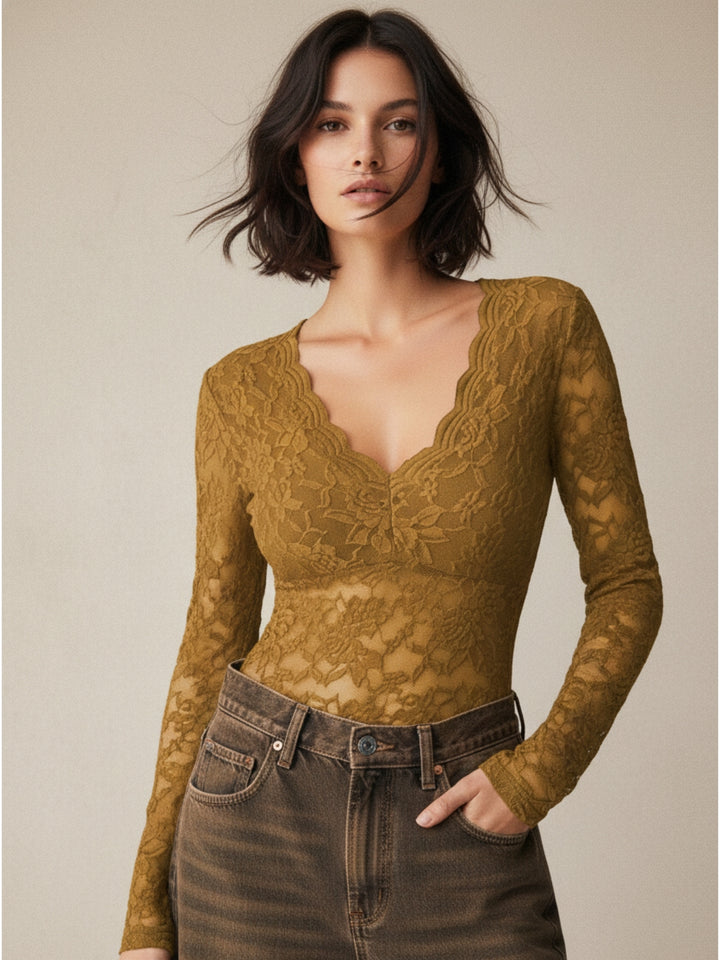 Brown Full Sleeve Plunging Neck Mesh Top