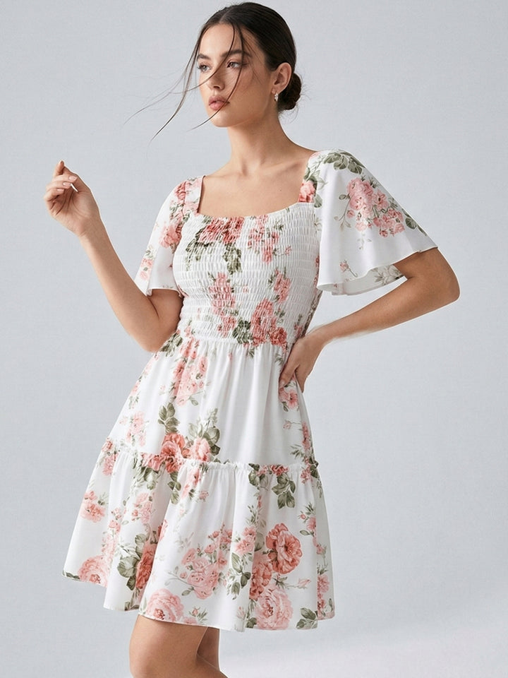 White Flare Sleeve Tiered Floral Dress