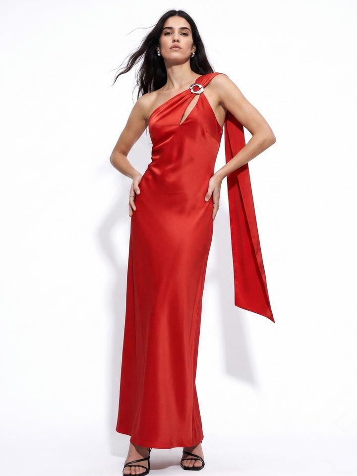 Red One Shoulder Dress With Metal Trim