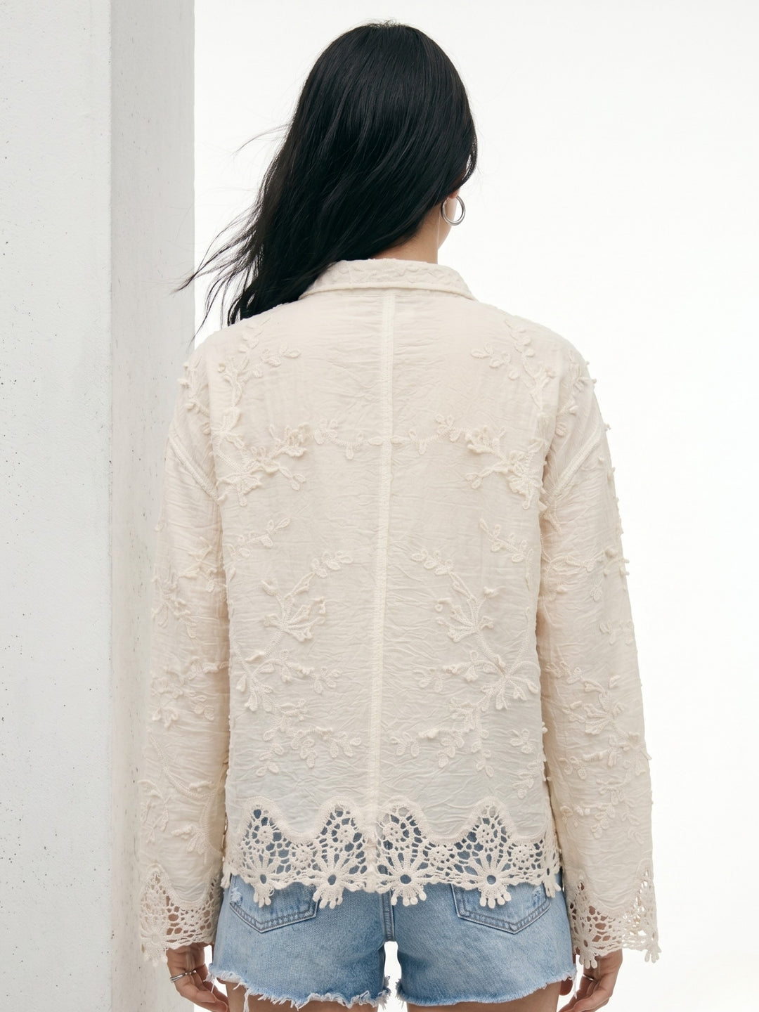 Off White Full Sleeve Lace Egde Collared Semi Sheer Embroidered Shirts