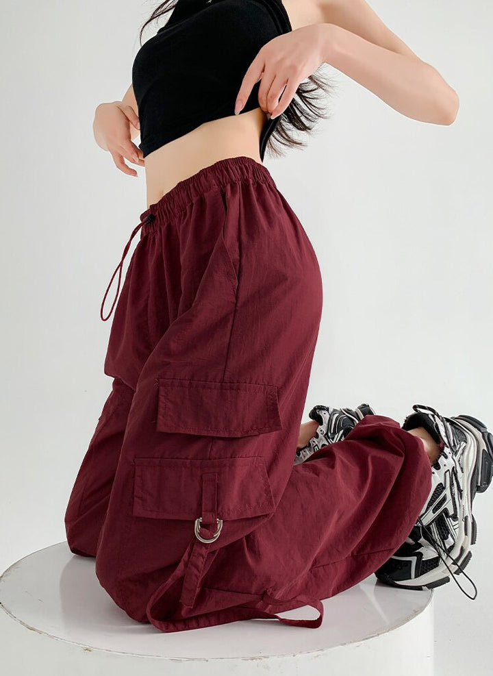 Wine Straight Fit Drawstring Parachute Cargo Pants