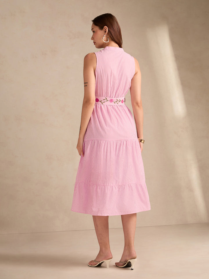 Pink Flared Sleeveless Midi Dress