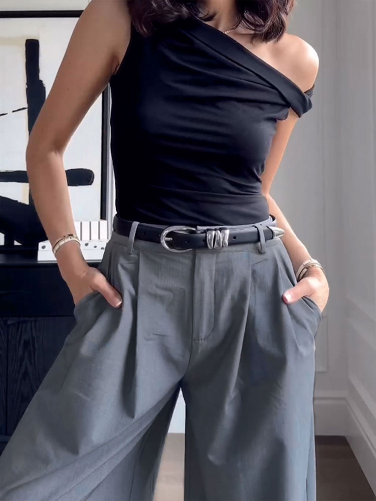 Grey Front Pleated Wide Leg Trouser