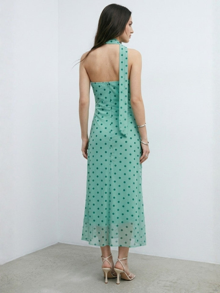 Green Halter Neck Mesh Polka Printed Dress
