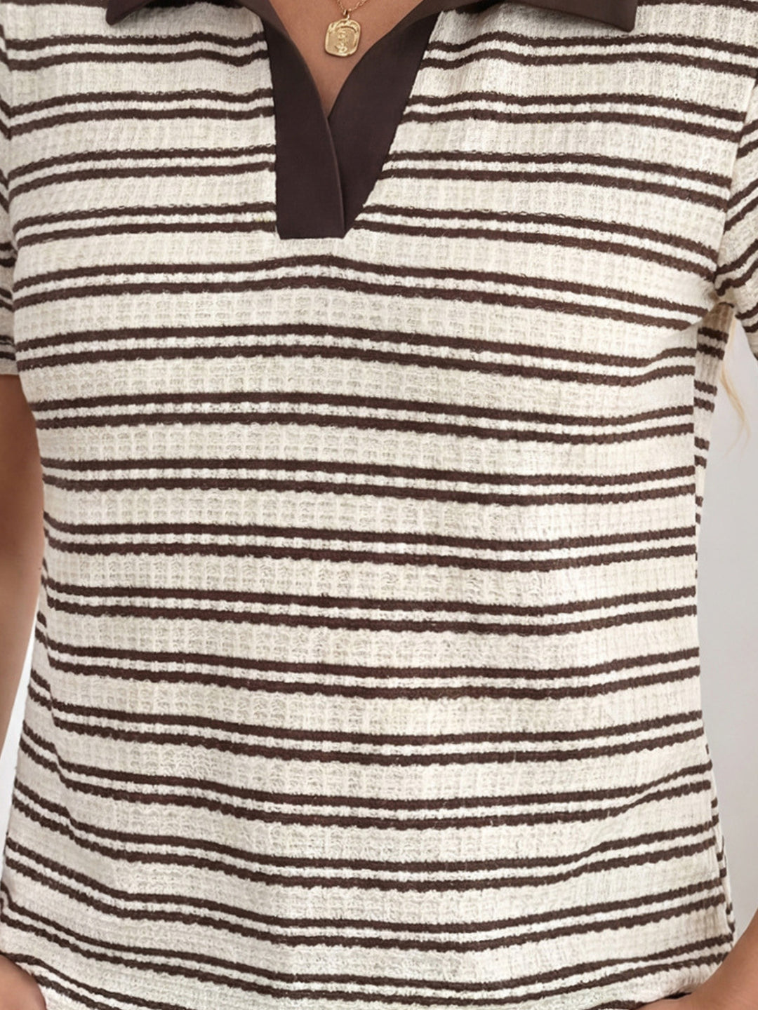 Cream Striped Polo Neck Top