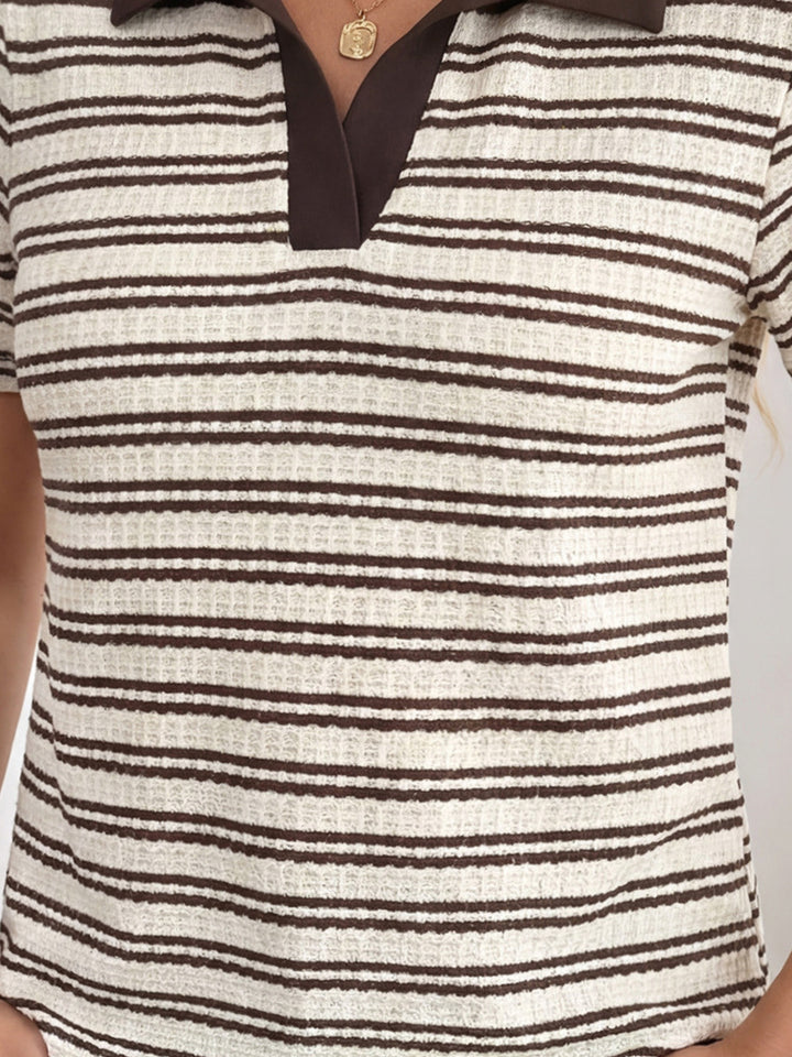 Cream Striped Polo Neck Top