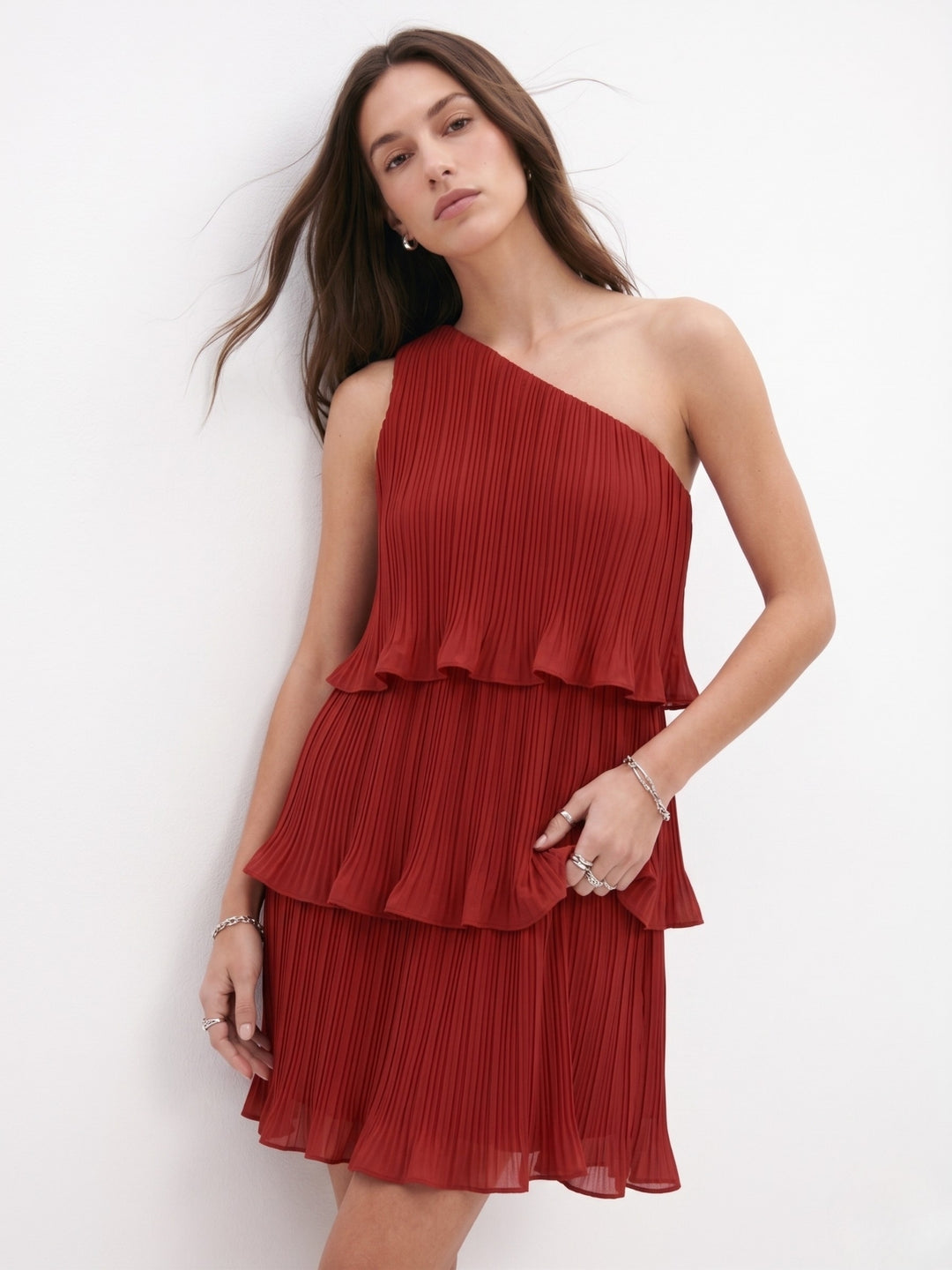 Red One Shoulder Three Tiered Pleated Dress