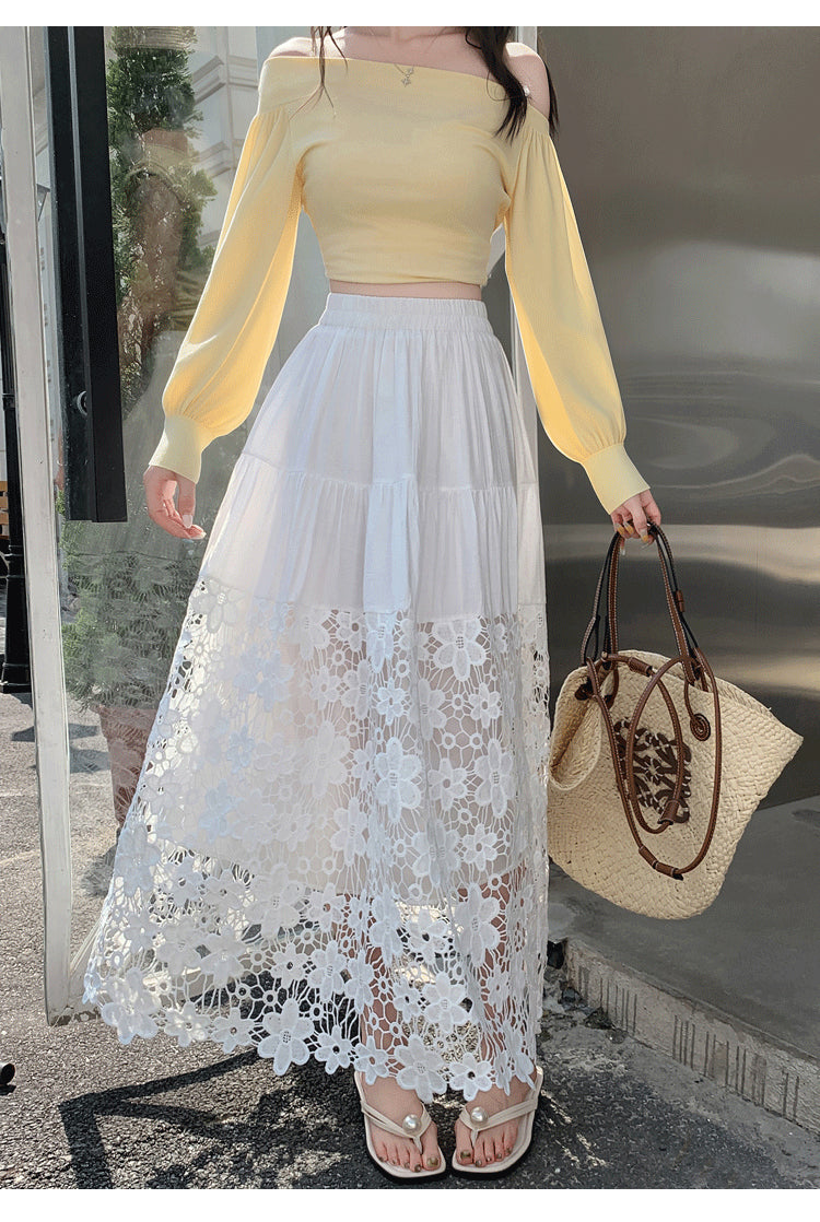 White Solid Skirt With Large Bottom Lace Hem