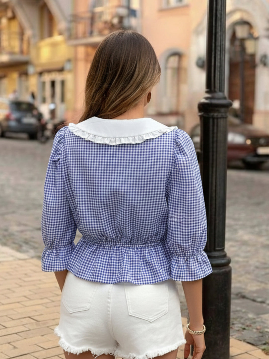 Blue Peter Pan Collar Front Tie-Up Top