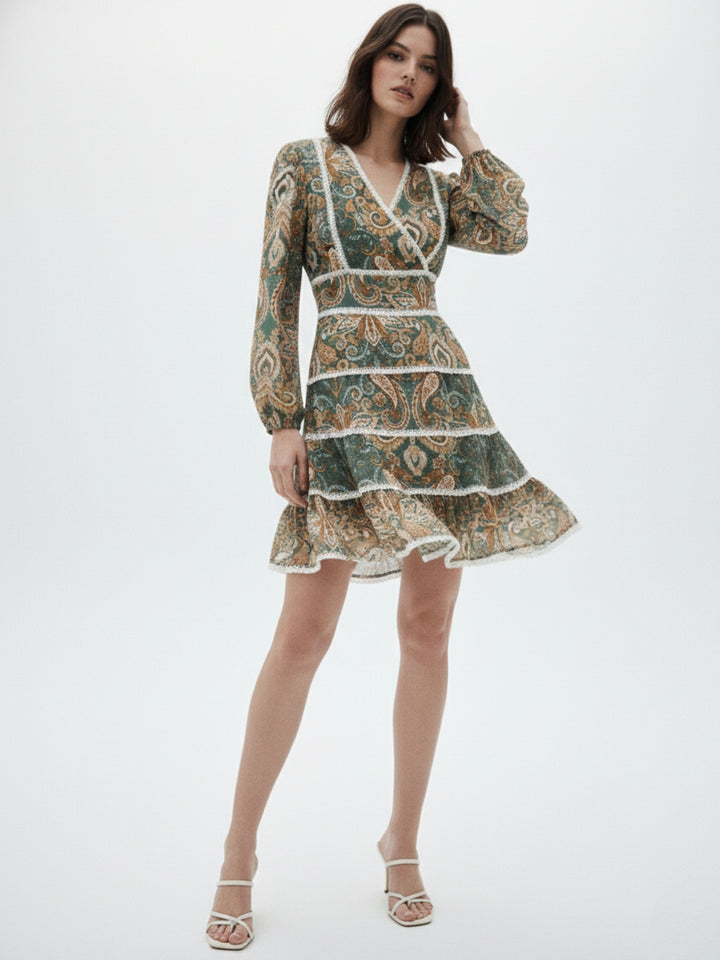Green Printed Rayon Crinkled Blouse with lace detail
