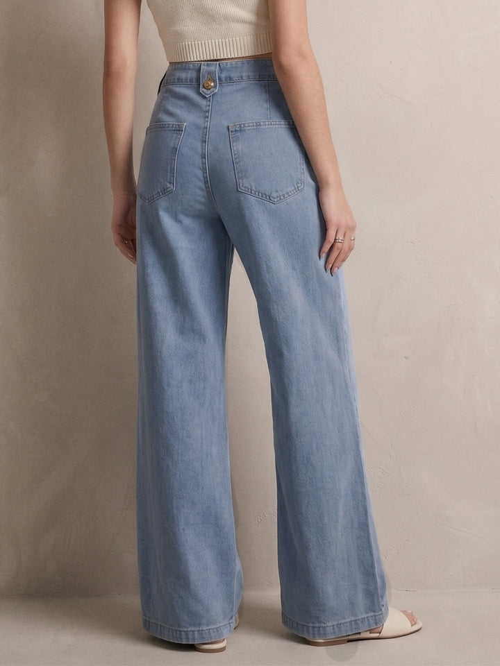 Blue Slant Buttoned Pocket Wide Leg Jeans
