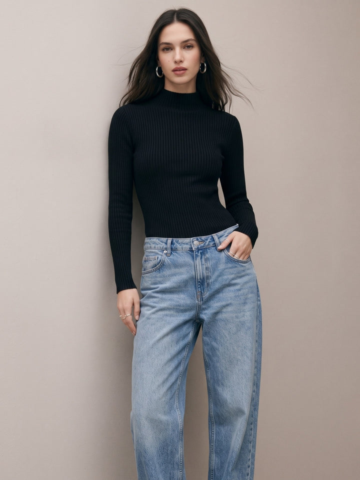 Black Textured High Neck Flat Knit Top