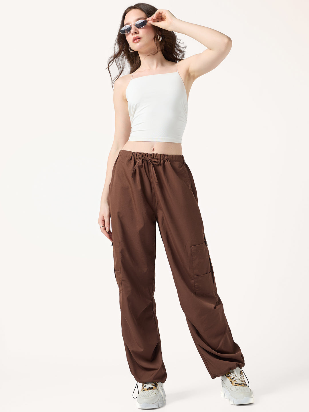 Brown Cargo Pockets Drawstring Wid Leg Trouser