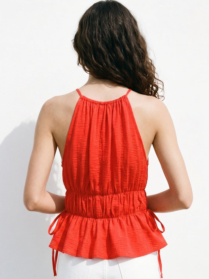 Red Halter Neck Ruched Top