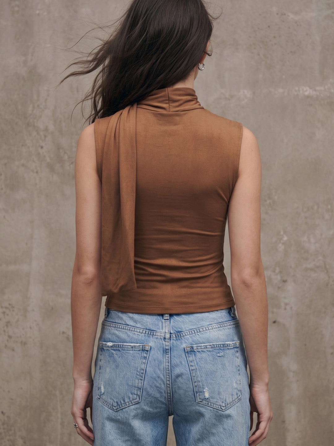 Brown Cowl Neck Tie Up Sleeveless Top