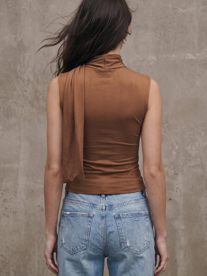 Brown Cowl Neck Tie Up Sleeveless Top