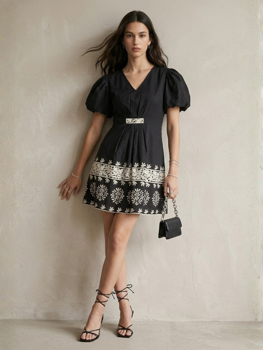 Black Short-Sleeve Floral Dress