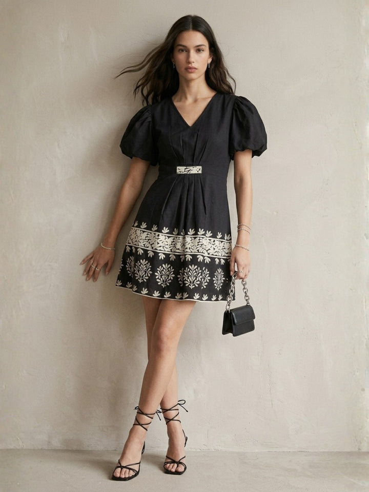 Black Short-Sleeve Floral Dress