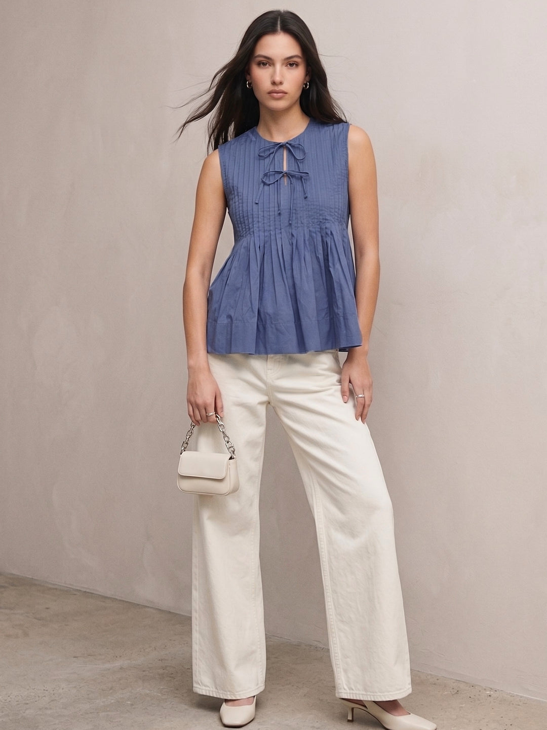Blue Flowy Contrast Color Tie-Up Top