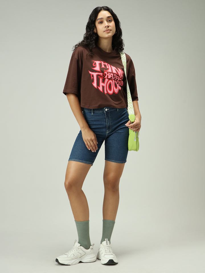 Brown Graphic Cropped Boxy T-Shirt