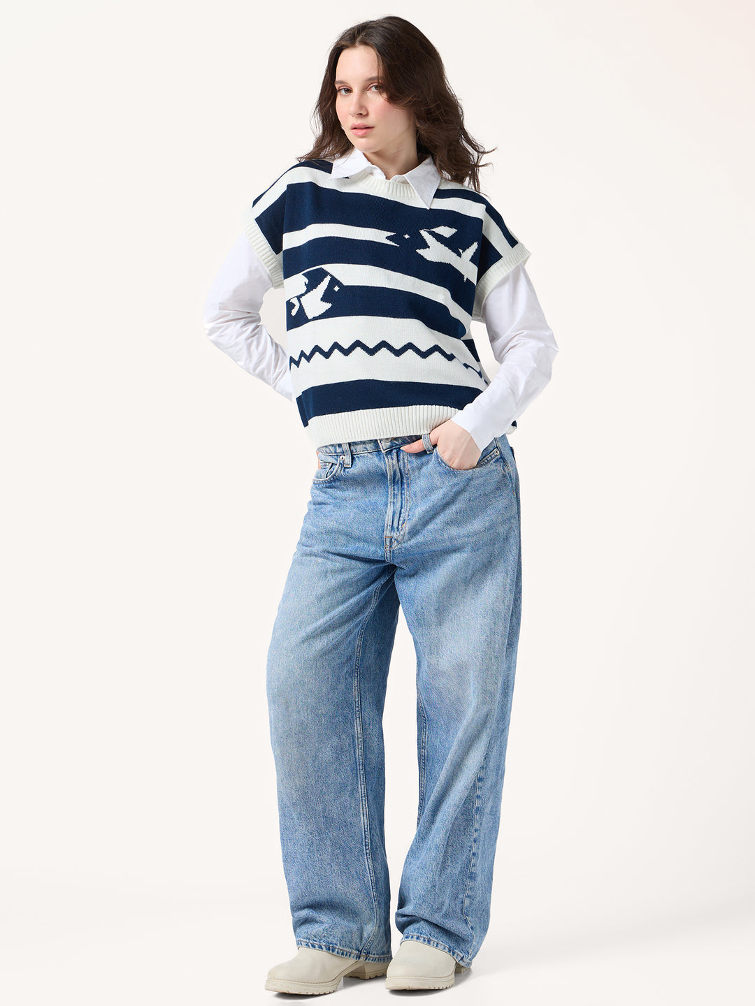 Navy Blue Relaxed Cropped Graphic Sweater