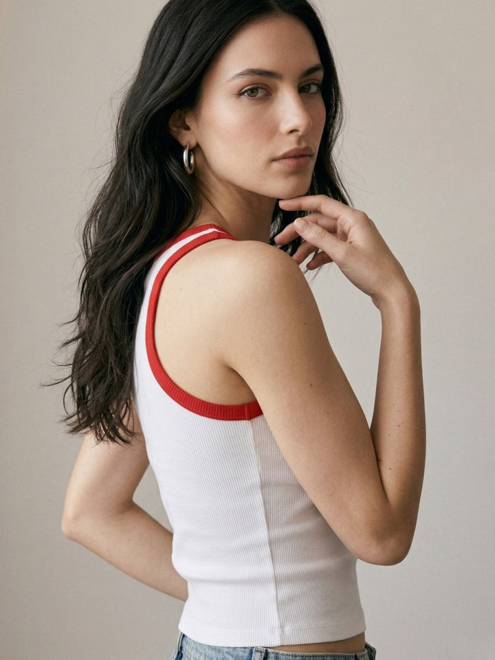 White Contrast Square Neck Ribbed Top