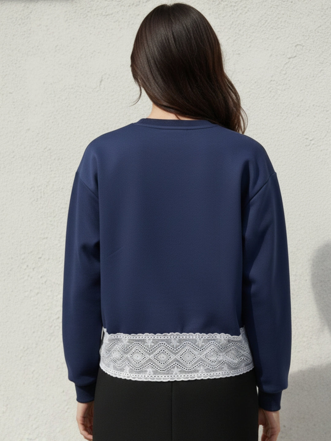 Navy Blue Full Sleeve Lace Hem Graphic Pullover