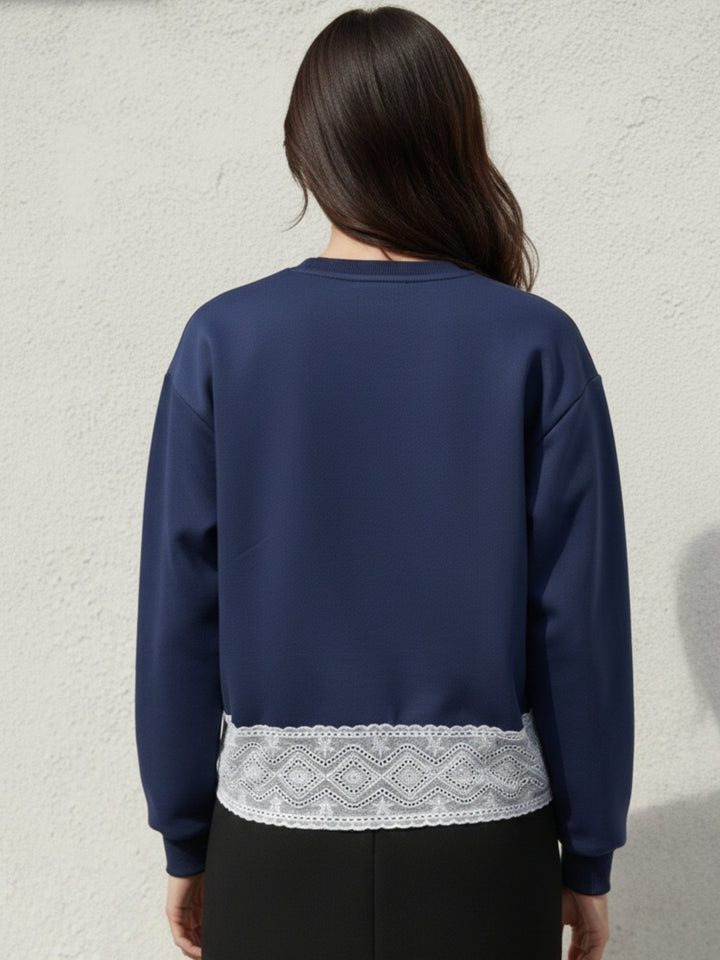 Navy Blue Full Sleeve Lace Hem Graphic Pullover