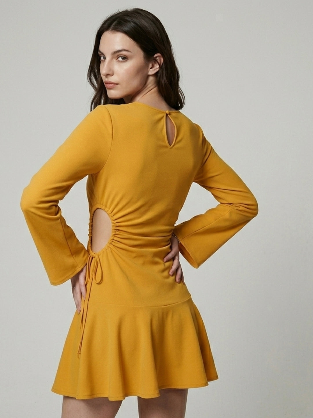 Yellow Bell Sleeve Waist Cut-Out Dress