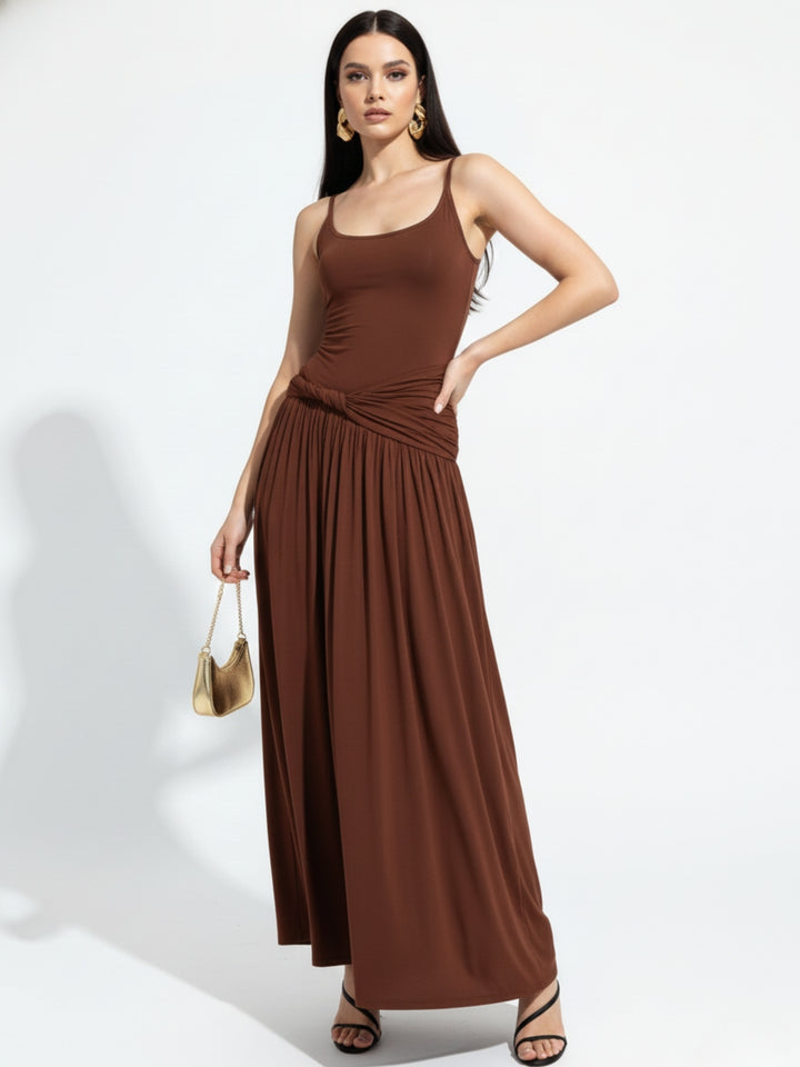 Brown Spaghetti Strap Flared Dress