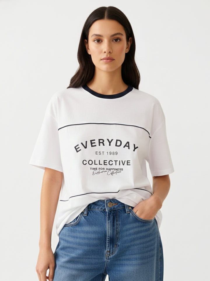 Navy Blue Oversized T-Shirt With Graphic And Cut & Sew Highlights