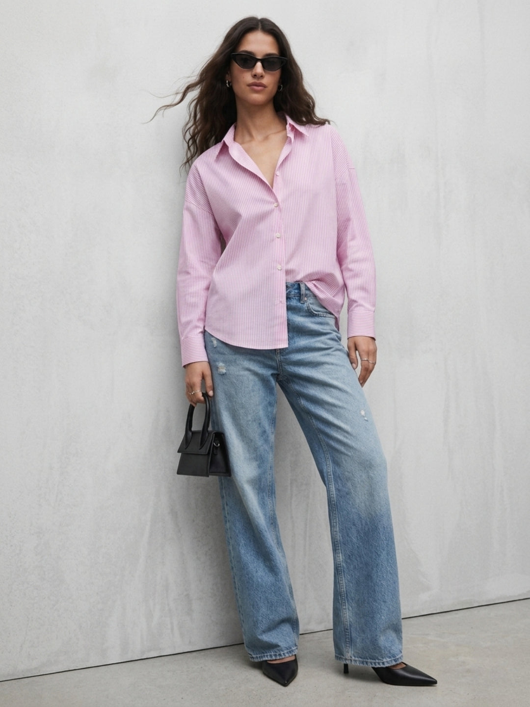 Pink Oversized Drop Shoulder Y/D Stripe Shirt