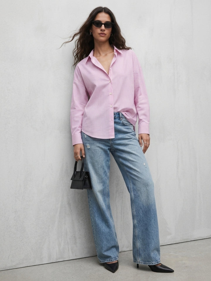 Pink Oversized Drop Shoulder Y/D Stripe Shirt