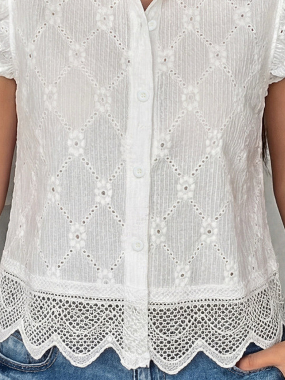 White Ruffle Sleeve Schiffli Top